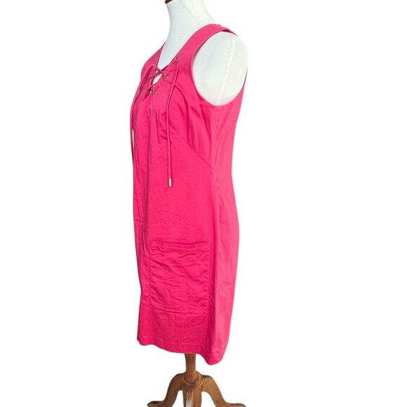 Calvin Klein Sleeveless Sheath Dress Hot Pink Pockets Lace Up V-Neck Size 10 - Picture 4 of 9